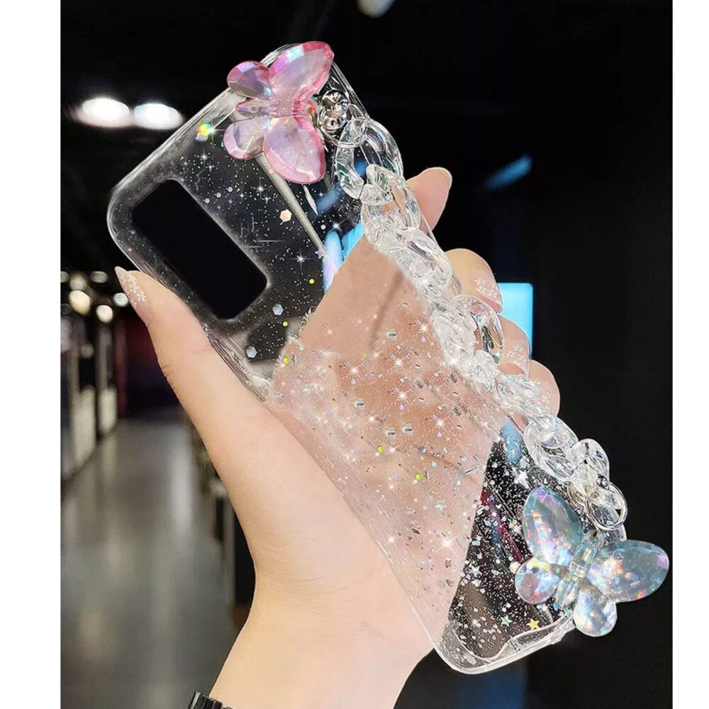 Oneplus 9, Crystal Butterfly Wrist Bracelet Chain Holder Non Moving Dry Fixed Glitter Soft Silicone Case - Image 3