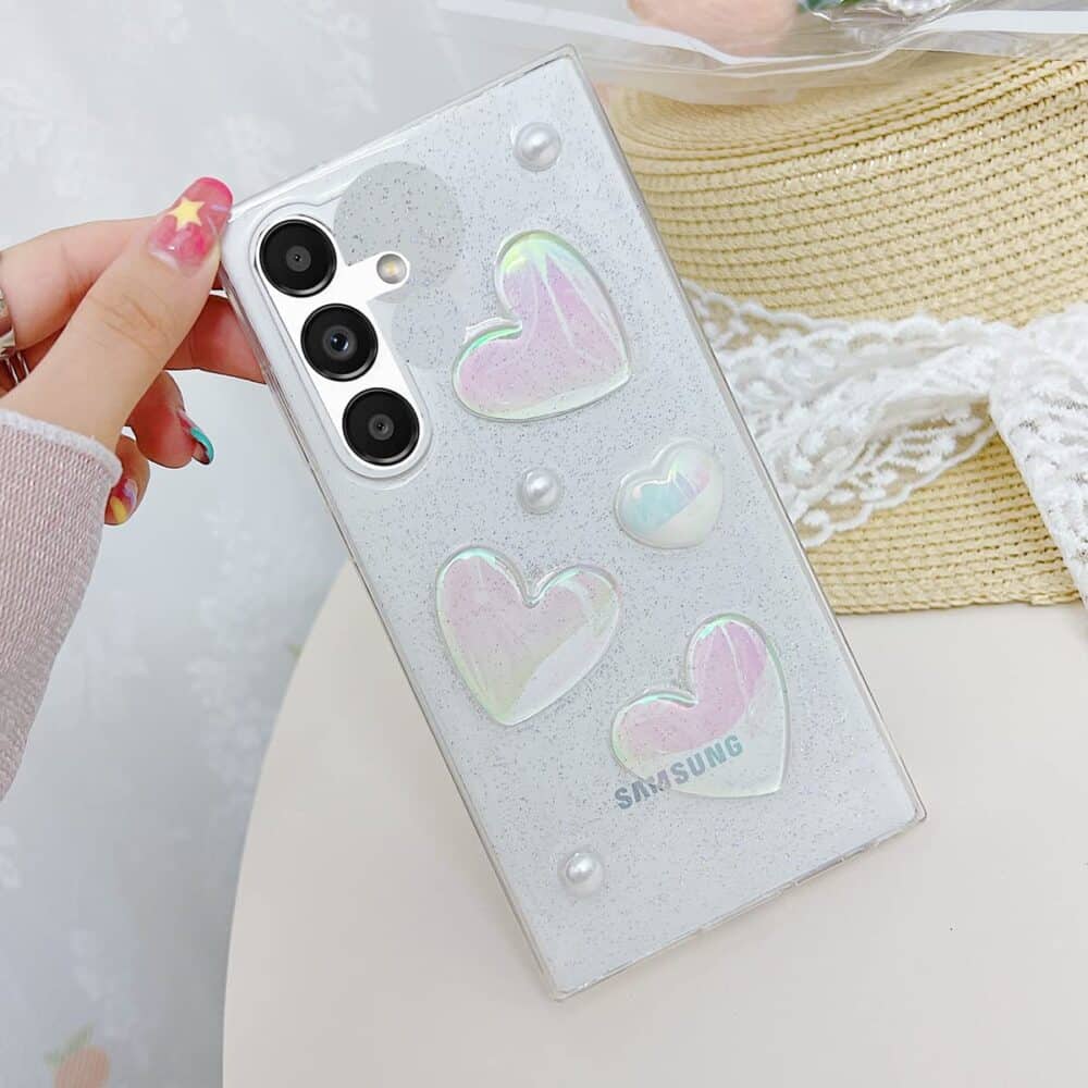 Samsung Galaxy A54 5G Glitter Case, Cute 3D Holographic Laser Love Heart Pearl Bling Sparkle Clear Shockproof Slim Soft TPU Silicone Cover - Image 6