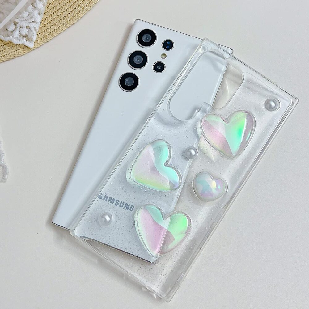 Samsung Galaxy A54 5G Glitter Case, Cute 3D Holographic Laser Love Heart Pearl Bling Sparkle Clear Shockproof Slim Soft TPU Silicone Cover - Image 4