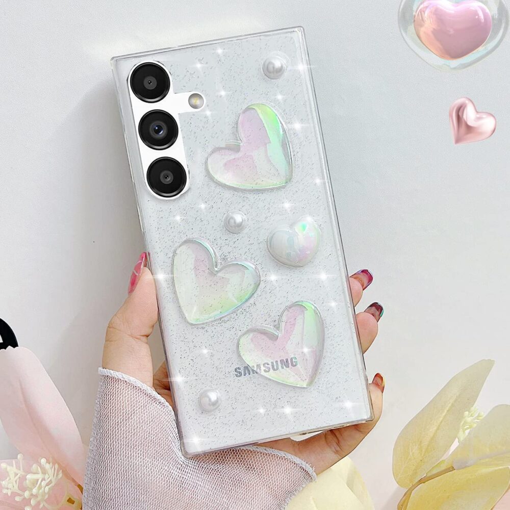 Samsung Galaxy A54 5G Glitter Case, Cute 3D Holographic Laser Love Heart Pearl Bling Sparkle Clear Shockproof Slim Soft TPU Silicone Cover - Image 5