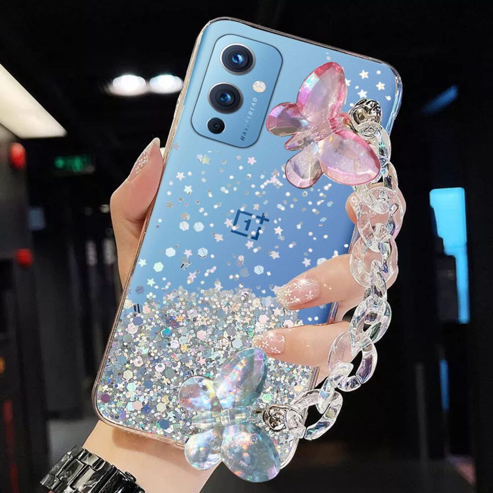 Oneplus 9, Crystal Butterfly Wrist Bracelet Chain Holder Non Moving Dry Fixed Glitter Soft Silicone Case