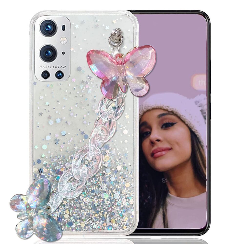 Oneplus 9, Crystal Butterfly Wrist Bracelet Chain Holder Non Moving Dry Fixed Glitter Soft Silicone Case - Image 2