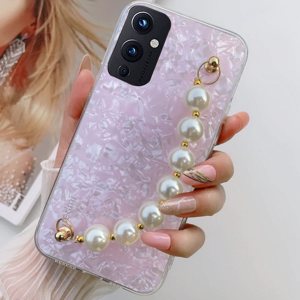 OnePlus 9, Case, Luxury Shiny Pearls Wrist Bracelet Chain Holder Soft Silicone Shell - Image 3