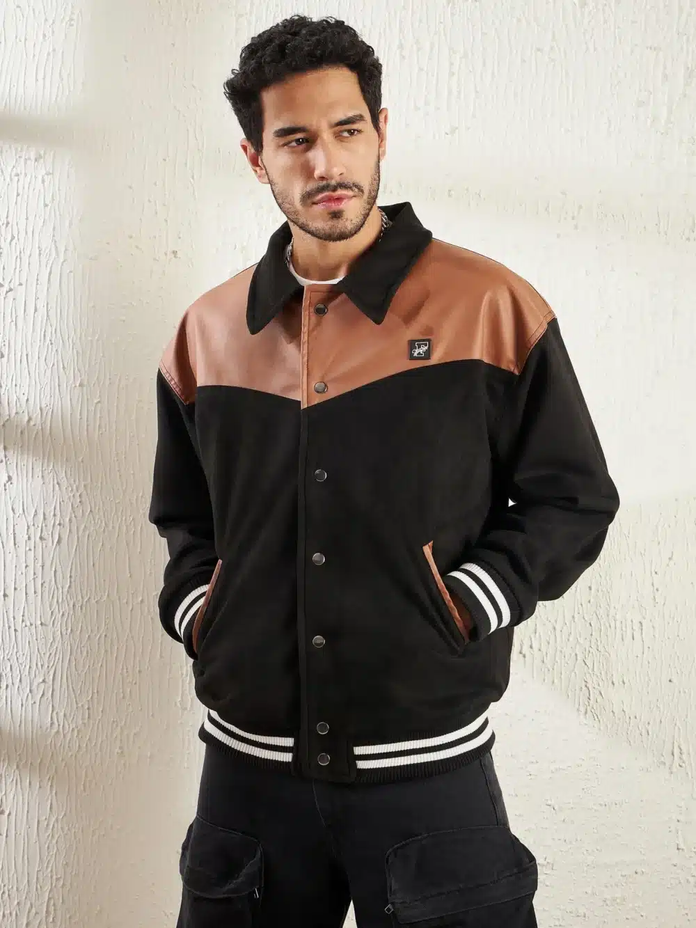 Black Faux Suede Bomber Jacket For Men