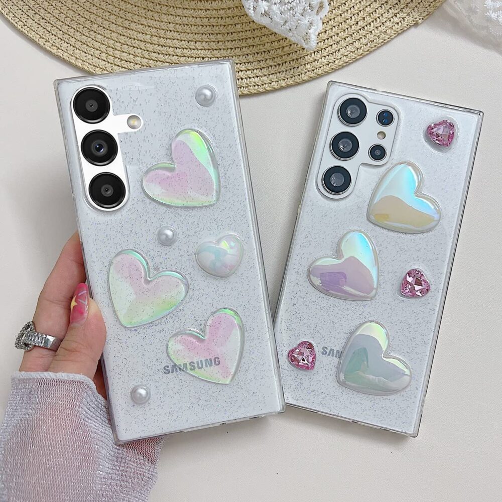 Samsung Galaxy A54 5G Glitter Case, Cute 3D Holographic Laser Love Heart Pearl Bling Sparkle Clear Shockproof Slim Soft TPU Silicone Cover