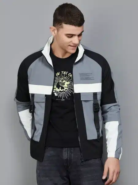 Grey Regular Fit Colour Block Jacket