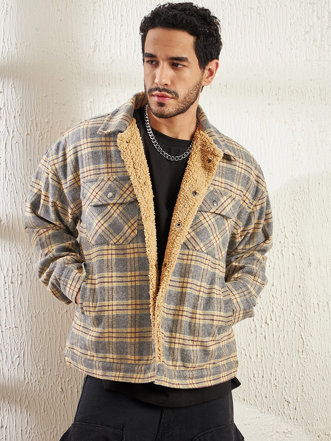 Relaxed Fit Mustard Plaid Sherpa Jacket – Buzz Shop