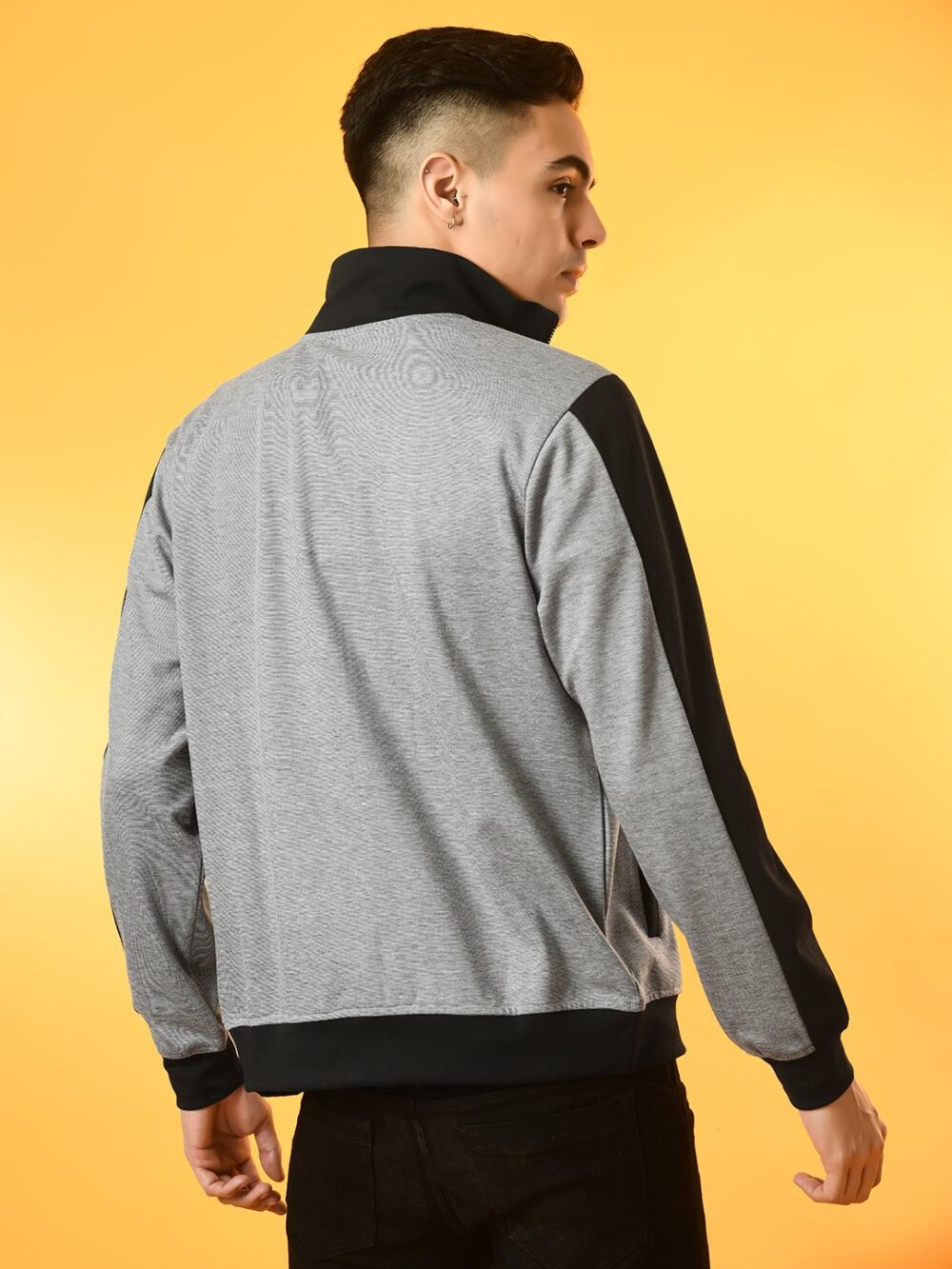 Black & Light Grey Cut & Sew High Neck Zipper Jacket - Image 3