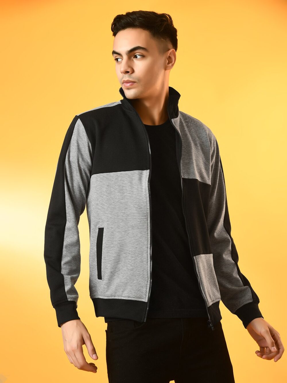 Black & Light Grey Cut & Sew High Neck Zipper Jacket