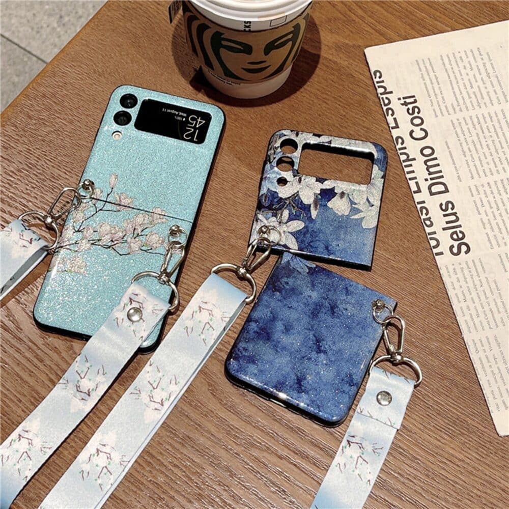 Glitter Flower Shoulder Strap Phone Case, For Galaxy Z Flip 3/Galaxy Z Flip 4 Phone Case, For Galaxy Z Flip 5 Phone Case