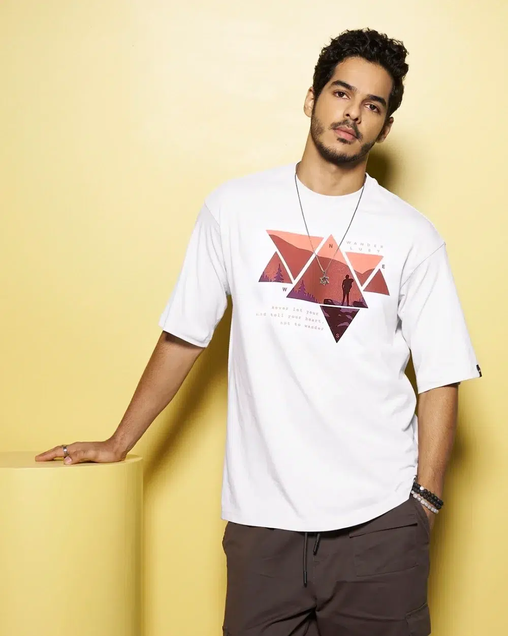 Men’s White Wander Geometry Print Oversized Tee